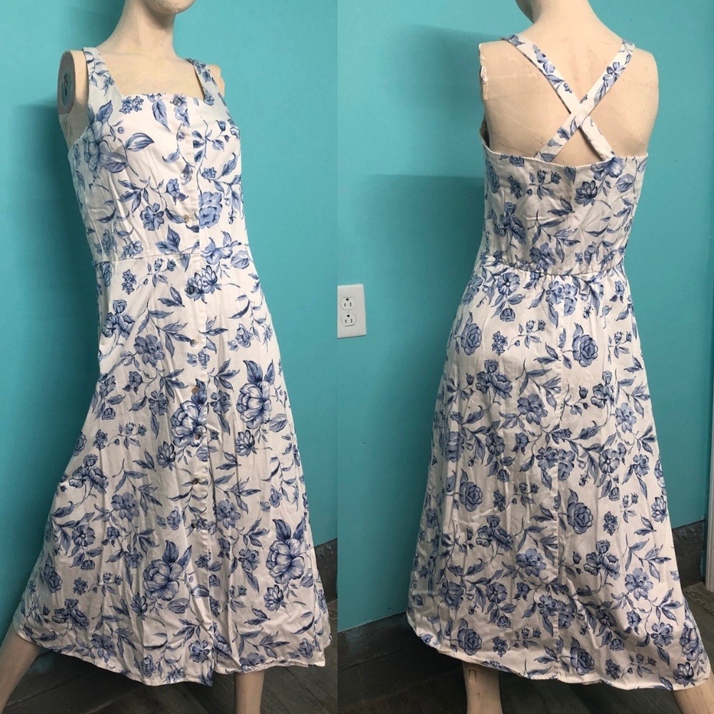 VTG 90s Button Front Tank Midi SunDress~Cool Blue Floral/White Vacacore~10